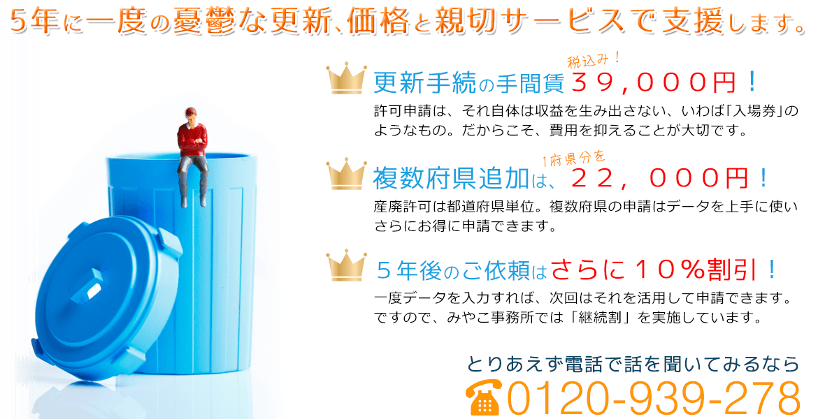 京都の行政書士みやこ事務所では格安報酬で産業廃棄物収集運搬許可の更新手続を代理申請しております!